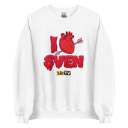 White crewneck sweatshirt with red dripping graphic reading "I" followed by a red anatomical heart pierced by an arrow, then "SVEN" and a small "MeTV" logo below.