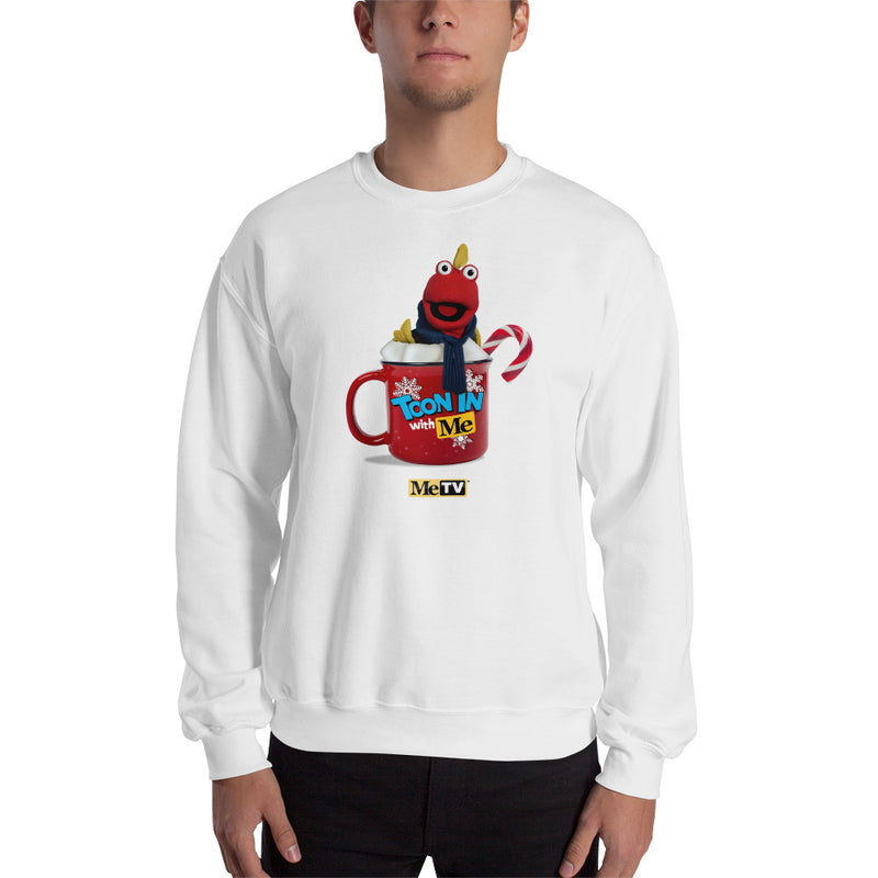White crewneck sweatshirt with red character in a red mug wearing a blue scarf, text "Toon In with Me" and "MeTV" logo printed on front.
