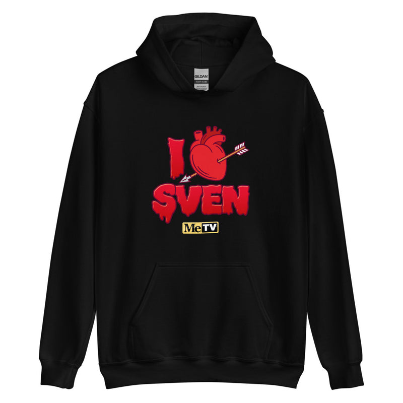 Black pullover hoodie with red graphic of a heart pierced by an arrow above the dripping red text "SVEN" and a yellow "MeTV" logo below.