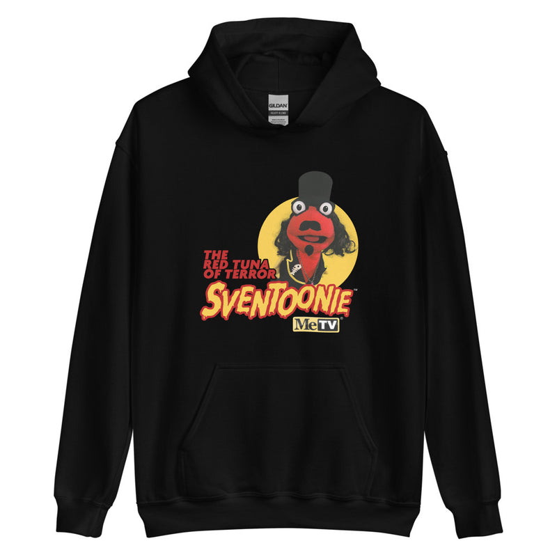 Black pullover hoodie with yellow circle graphic showing red tuna puppet in top hat; red text reads "THE RED TUNA OF TERROR" and "SVENTOONIE" with "MeTV" logo.