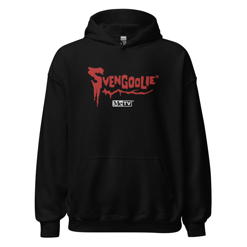 Black pullover hoodie with white embroidered Svengoolie logo, text 'SVENGOOLIE', and 'MeTV' logo below.