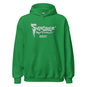 Green pullover hoodie with white embroidered Svengoolie logo, text 'SVENGOOLIE', and 'MeTV' logo below.