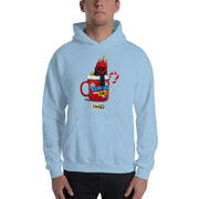 Light blue pullover hoodie with a red graphic of a red puppet in a red mug with white whipped cream, and text "Toon In with Me" and "MeTV