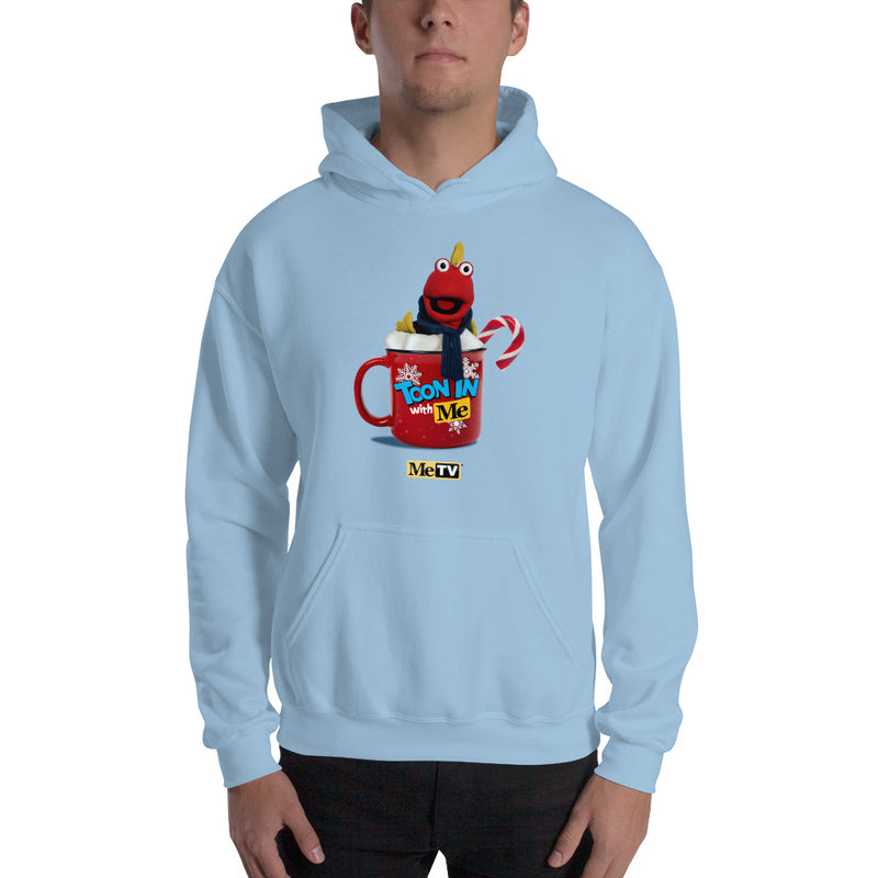 Light blue pullover hoodie with a red graphic of a red puppet in a red mug with white whipped cream, and text "Toon In with Me" and "MeTV