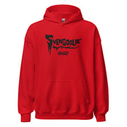 Red pullover hoodie with white embroidered Svengoolie logo, text 'SVENGOOLIE', and 'MeTV' logo below.