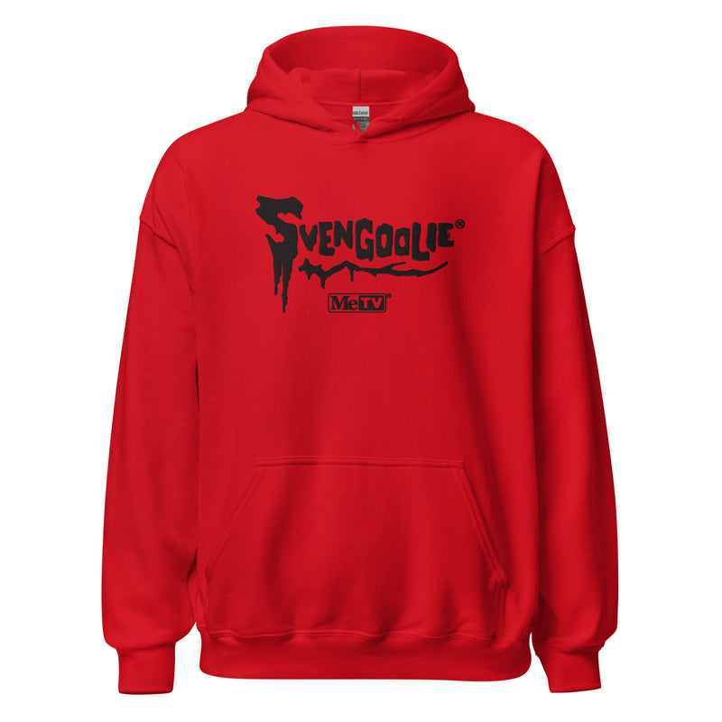 Red pullover hoodie with white embroidered Svengoolie logo, text 'SVENGOOLIE', and 'MeTV' logo below.