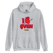 Gray pullover hoodie with red dripping graphic reading "I [heart with arrow] SVEN" and a yellow "MeTV" logo below.