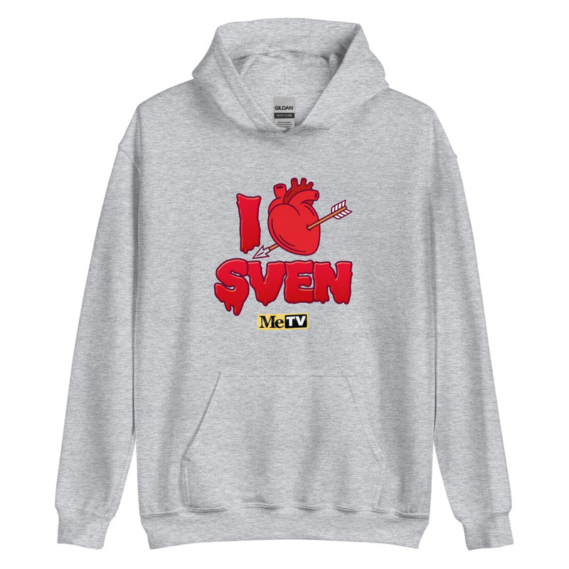 Gray pullover hoodie with red dripping graphic reading "I [heart with arrow] SVEN" and a yellow "MeTV" logo below.