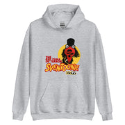 Heather gray pullover hoodie with front graphic of a red puppet character in a top hat, text reading "THE RED TUNA OF TERROR" and "SVENTOONIE" with "MeTV" logo.