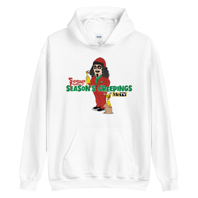 White Hooded sweatshirt with cartoon Svengoolie in red suit holding a chicken, 'Season's Creepings' text and MeTV logo