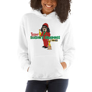 Woman wearing White Hooded sweatshirt with cartoon Svengoolie in red suit holding a chicken, 'Season's Creepings' text and MeTV logo