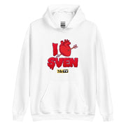 White pullover hoodie with red dripping text "I", red anatomical heart pierced by an arrow, and "SVEN" in red drip letters, plus a yellow "MeTV" logo.