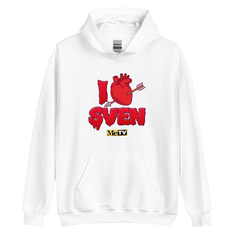 White pullover hoodie with red dripping text "I", red anatomical heart pierced by an arrow, and "SVEN" in red drip letters, plus a yellow "MeTV" logo.
