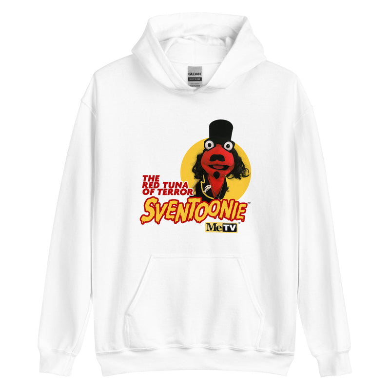 White pullover hoodie with front graphic of a red puppet wearing a top hat, above text "THE RED TUNA OF TERROR" and "SVENTOONIE" and "MeTV" logo.