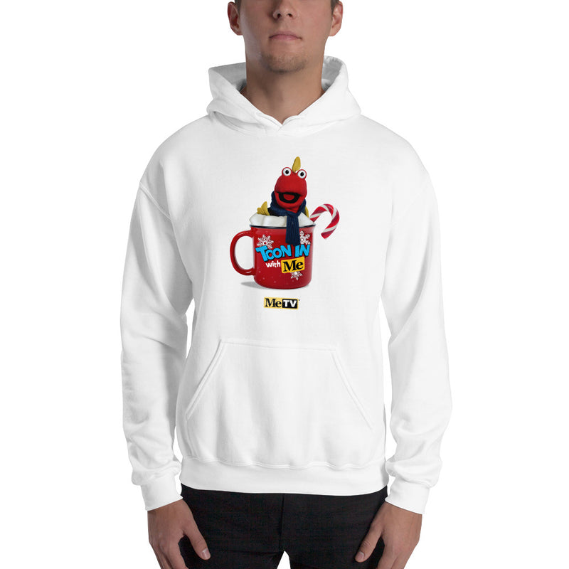 White hooded sweatshirt with a red graphic of a red puppet in a red mug with white whipped cream, and text "Toon In with Me" and "MeTV