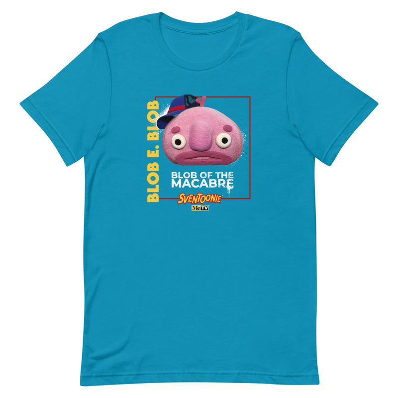 Aqua blue t-shirt with pink Blob E. Blob character wearing a blue cap, text reading "BLOB E. BLOB" and "BLOB OF THE MACABRE", plus Sventoonie and MeTV logos