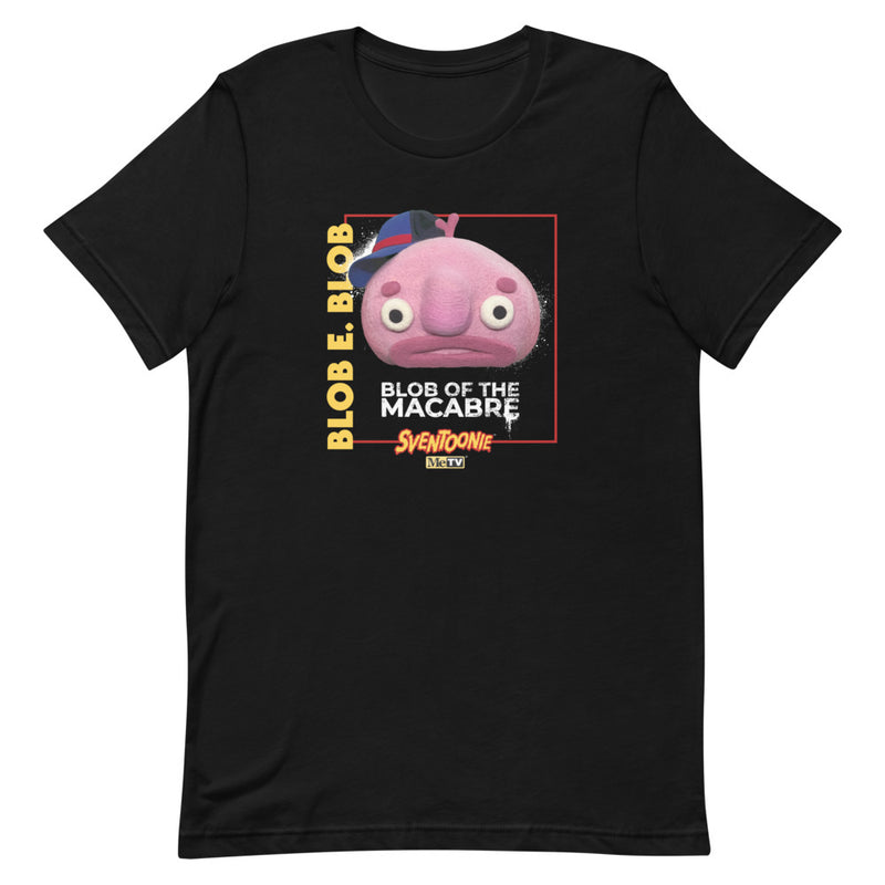 Black t-shirt with pink Blob E. Blob character wearing a blue cap, text reading "BLOB E. BLOB" and "BLOB OF THE MACABRE", plus Sventoonie and MeTV logos