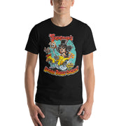 Black tee with cartoon Svengoolie in top hat on a flaming car shaped like a chicken, text 'Svengoolie's Burnin' Rubber Chicken!'.