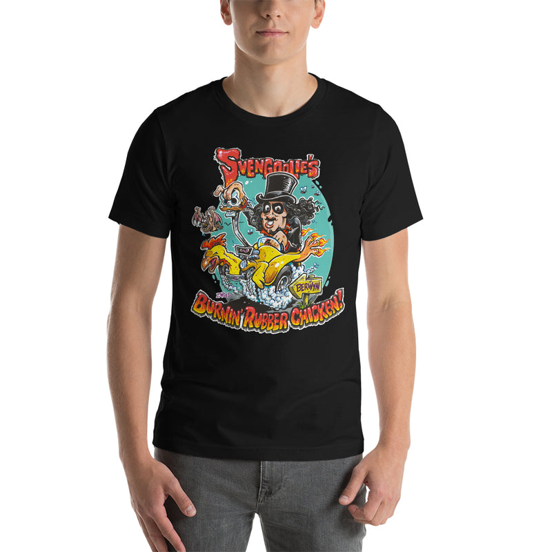 Black tee with cartoon Svengoolie in top hat on a flaming car shaped like a chicken, text 'Svengoolie's Burnin' Rubber Chicken!'.