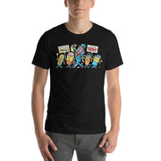 man wearing black cotton t-shirt featuring illustrated Svengoolie with movie concession stand characters