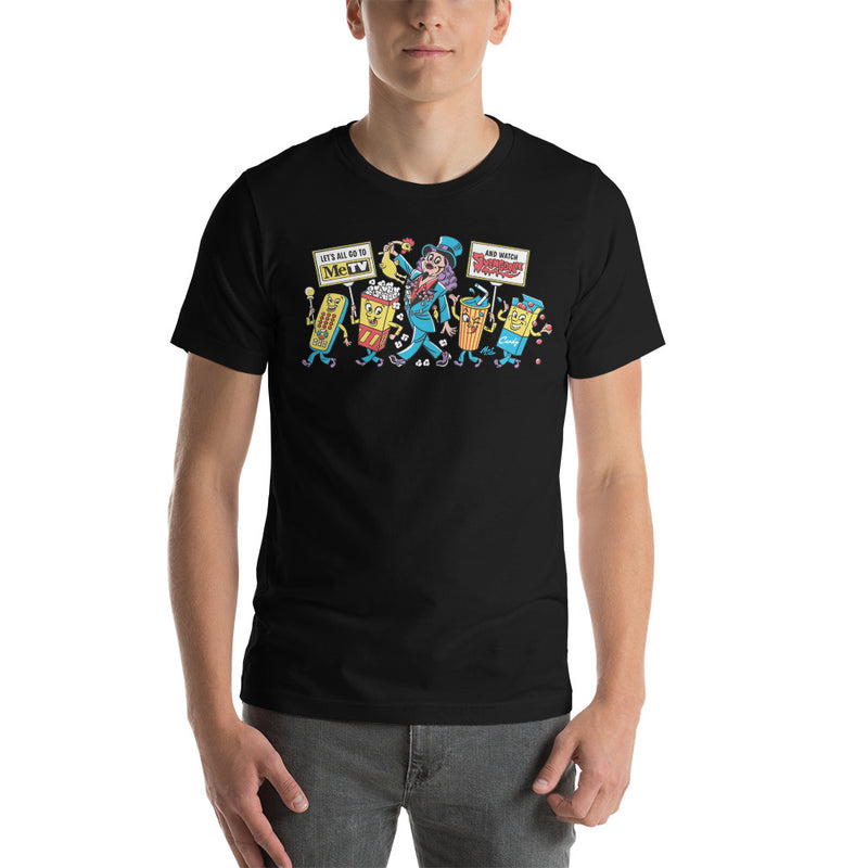 man wearing black cotton t-shirt featuring illustrated Svengoolie with movie concession stand characters
