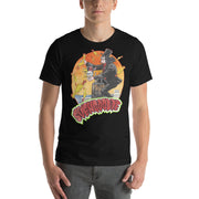 Black t-shirt with Svengoolie in top hat and black suit, at the top of a skyscraper, holding a skull, surrounded by rubber chickens, with 'SVENGOOLIE' in red letters over an orange sunset city.