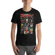 Black t-shirt with graphic reading 'Welcome to the Sveniverse!' with Svengoolie, Kerwyn, Sventoonie, and other cartoon caricatures on a colorful bubble background; with Scott Shaw watermark included.