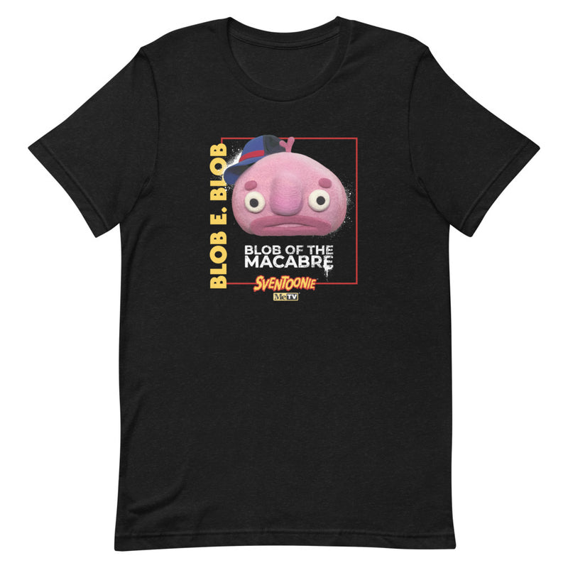 Black t-shirt with pink Blob E. Blob character wearing a blue cap, text reading "BLOB E. BLOB" and "BLOB OF THE MACABRE", plus Sventoonie and MeTV logos