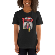 Model wearing Black t-shirt featuring Svengoolie holding a rubber chicken with the text 'This Mom Watches Svengoolie' in black and red above it.