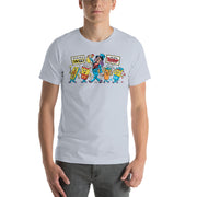 Man wearing light blue cotton t-shirt featuring illustrated Svengoolie with movie concession stand characters