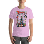 Light pink t-shirt with graphic reading 'Welcome to the Sveniverse!' with Svengoolie, Kerwyn, Sventoonie, and other cartoon caricatures on a colorful bubble background; with Scott Shaw watermark included.