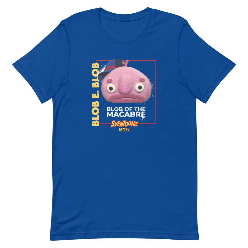 Royal blue t-shirt with pink Blob E. Blob character wearing a blue cap, text reading "BLOB E. BLOB" and "BLOB OF THE MACABRE", plus Sventoonie and MeTV logos