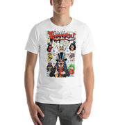 White t-shirt with graphic reading 'Welcome to the Sveniverse!' with Svengoolie, Kerwyn, Sventoonie, and other cartoon caricatures on a colorful bubble background; with Scott Shaw watermark included.