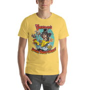 Yellow tee with cartoon Svengoolie in top hat on a flaming car shaped like a chicken, text 'Svengoolie's Burnin' Rubber Chicken!'.