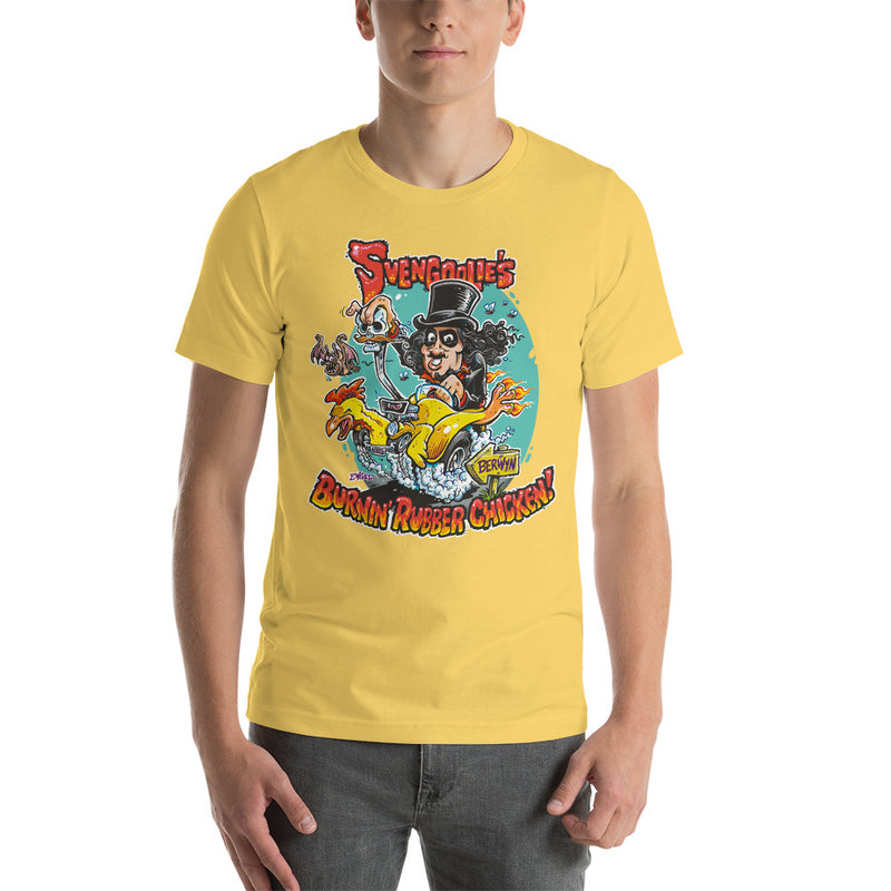 Yellow tee with cartoon Svengoolie in top hat on a flaming car shaped like a chicken, text 'Svengoolie's Burnin' Rubber Chicken!'.