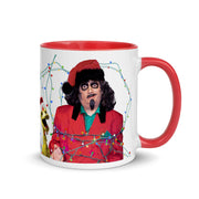 White ceramic mug with red interior and handle, Svengoolie in red suit holding a chicken wrapped in colorful string lights, with a yellow chicken