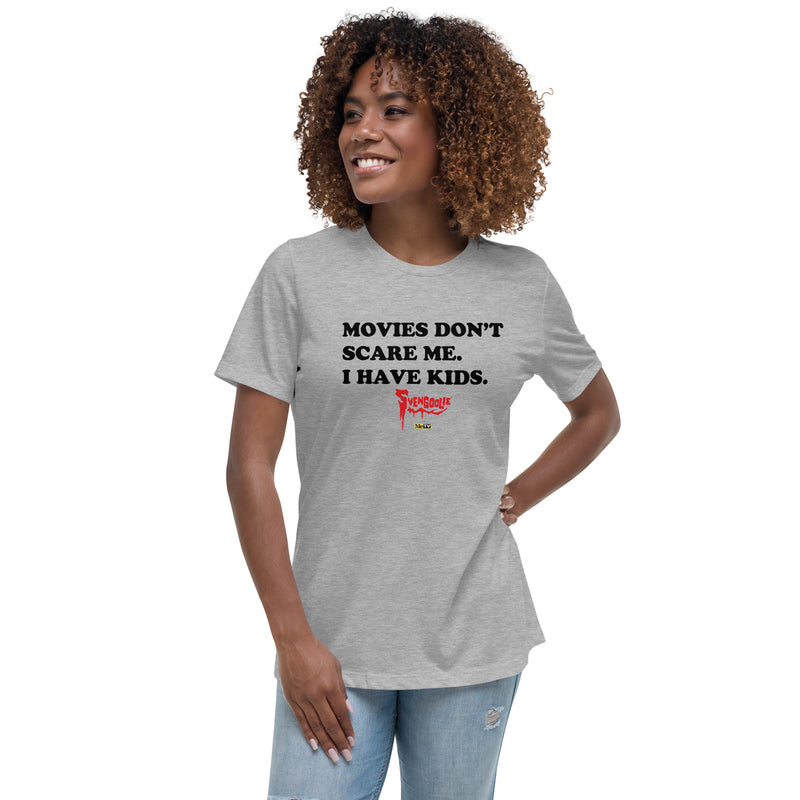 Heather gray women's t-shirt with black text reading 'MOVIES DON'T SCARE ME. I HAVE KIDS.' and a red Svengoolie logo with a MeTV logo below.