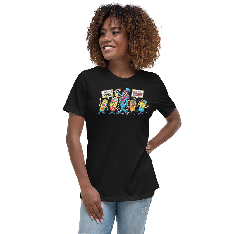Woman wearing black cotton t-shirt featuring illustrated Svengoolie with movie concession stand characters