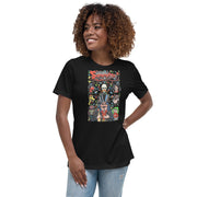 Black women's t-shirt with graphic reading 'Welcome to the Sveniverse!' with Svengoolie, Kerwyn, Sventoonie, and other cartoon caricatures on a colorful bubble background; with Scott Shaw watermark included.