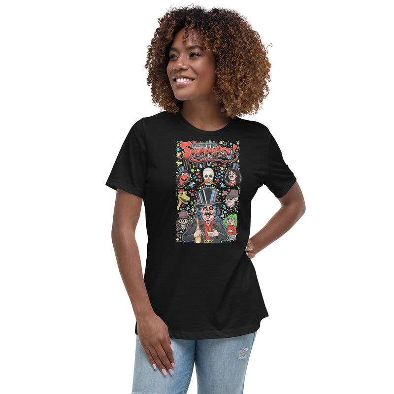 Black women's t-shirt with graphic reading 'Welcome to the Sveniverse!' with Svengoolie, Kerwyn, Sventoonie, and other cartoon caricatures on a colorful bubble background; with Scott Shaw watermark included.