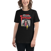 Model wearing Black t-shirt featuring Svengoolie holding a rubber chicken with the text 'This Mom Watches Svengoolie' in red and white above it.