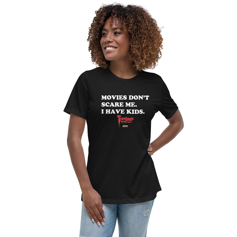 Black women's t-shirt with white text reading 'MOVIES DON'T SCARE ME. I HAVE KIDS.' and a black Svengoolie logo with a MeTV logo below.