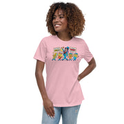 Woman wearing pink cotton t-shirt featuring illustrated Svengoolie with movie concession stand characters