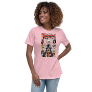 Light pink women's t-shirt with graphic reading 'Welcome to the Sveniverse!' with Svengoolie, Kerwyn, Sventoonie, and other cartoon caricatures on a colorful bubble background; with Scott Shaw watermark included.