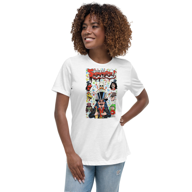White women's t-shirt with graphic reading 'Welcome to the Sveniverse!' with Svengoolie, Kerwyn, Sventoonie, and other cartoon caricatures on a colorful bubble background; with Scott Shaw watermark included.