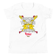 White youth t-shirt with yellow cartoon chickens crossed over the text "CHICKEN THROWER IN TRAINING" and a red "Svengoolie" logo.