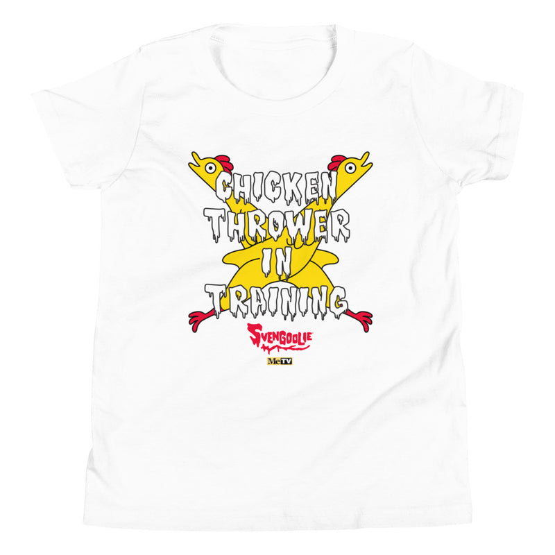 White youth t-shirt with yellow cartoon chickens crossed over the text "CHICKEN THROWER IN TRAINING" and a red "Svengoolie" logo.